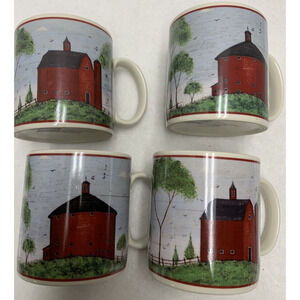 Set of 4 Barn Mugs Warren Kimble Barns by Sakura NY 1998 Ceramic C Handle Coffee
